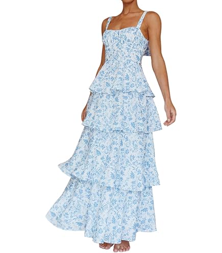 Women's Floral Print Tiered Ruffle Cake Midi Dress, Chiffon Color Block Layered, Sleeveless Relaxed Fit, Vacation Style (US, Alpha, Small, Regular, Regular, Blue) at Amazon Women's Clothing store