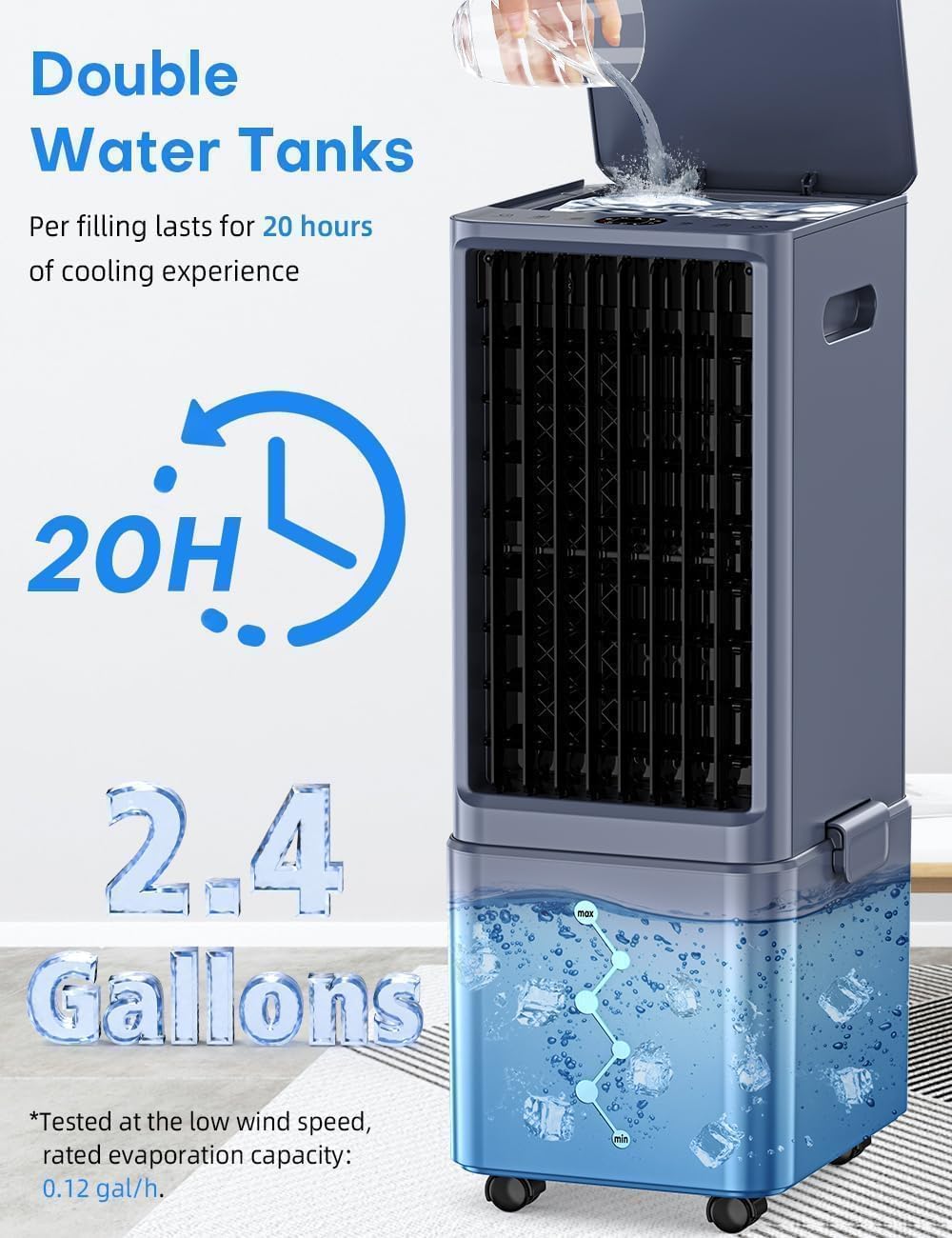 Windowless Air Conditioner w/ 4 Modes & 3 Speeds, Waterless Alert, 2.4-Gal Tank for 20H Cooling, 12H Timer, 20FT Remote, 70° Auto Swing Evaporative Air Cooler, Portable AC Unit for Bedroom