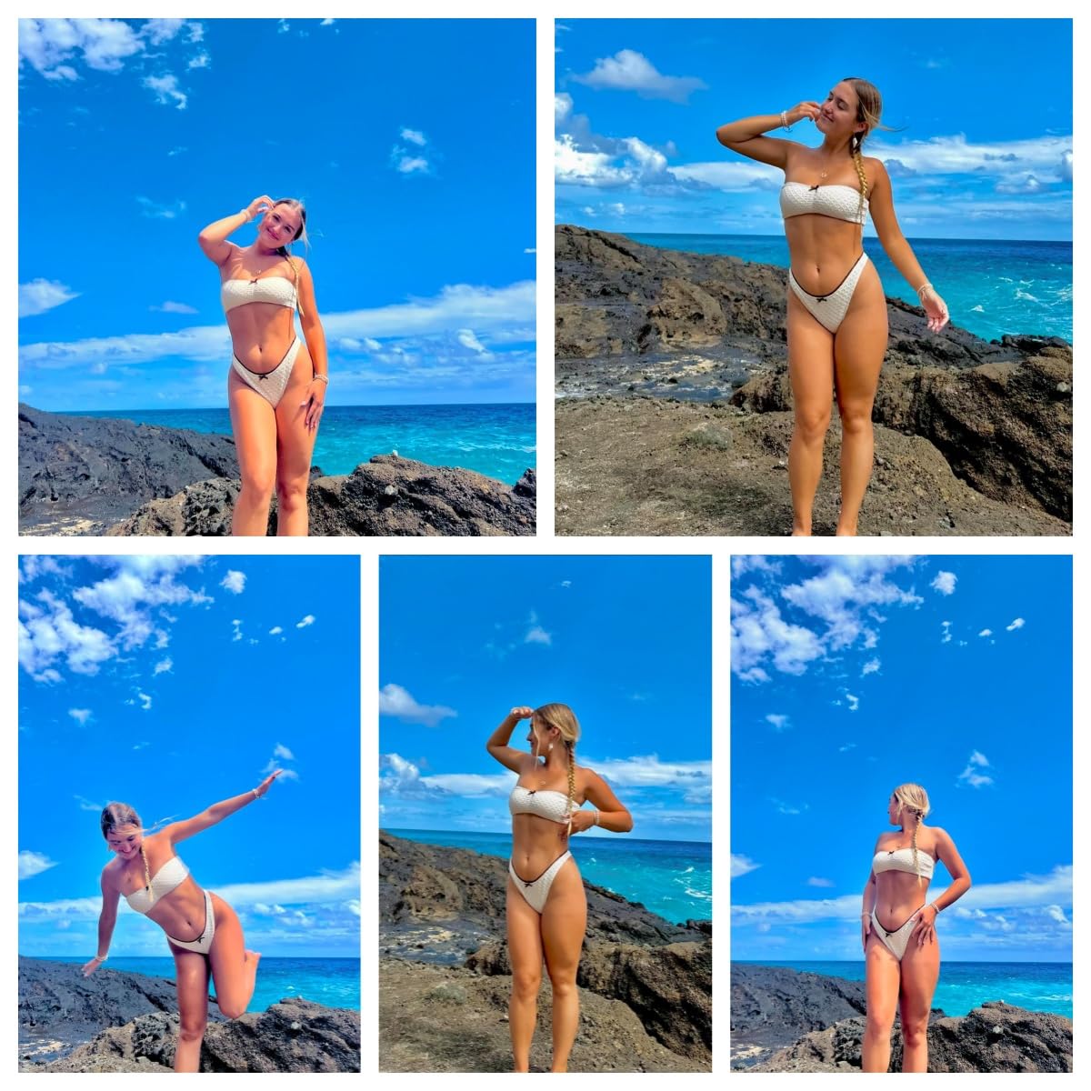 ZAFUL Women's Strapless Bikini Openwork Textured Bow Ruched Lace Up High Cut Bandeau Swimsuit Bathing Suits (0-a-Beige, M) - Image 2