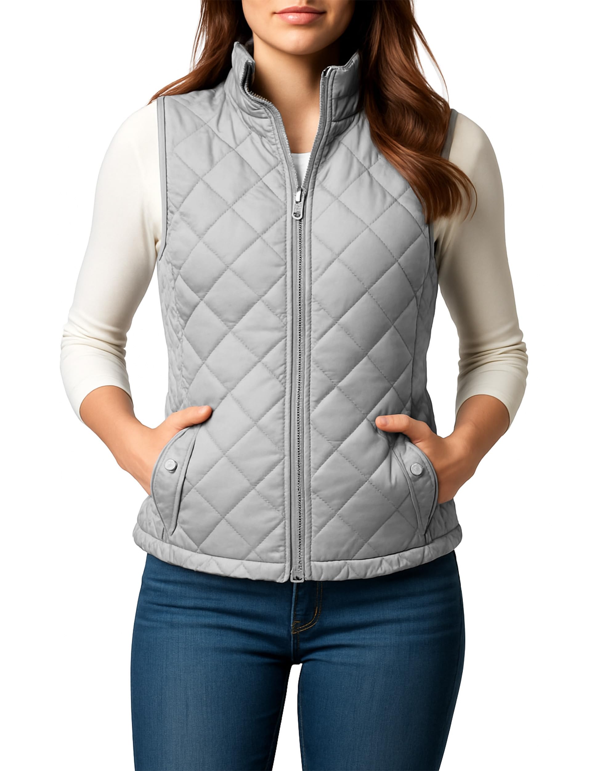 Photo 1 of Ny Threads er Vest Women Slim Fit Lightweight Stand Collar Quilted Zip Puffer Vest, Large, Light Grey