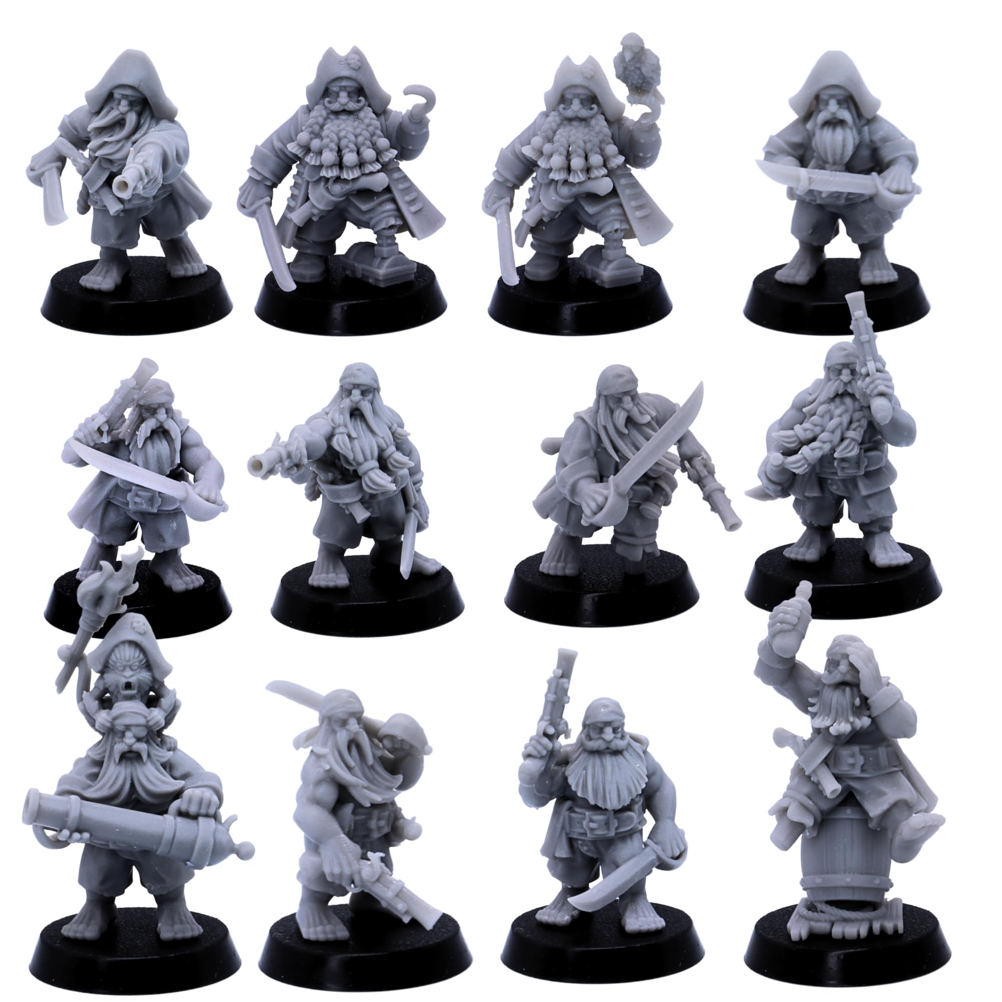 Dwarf Pirate Miniatures – 12 Dwarves with Muskets, Cannons & Swords for Tabletop Wargames | 32mm Fantasy Dwarves | RPG, Wargaming, Dioramas | Highlands Miniatures | Resin Unpainted Figures