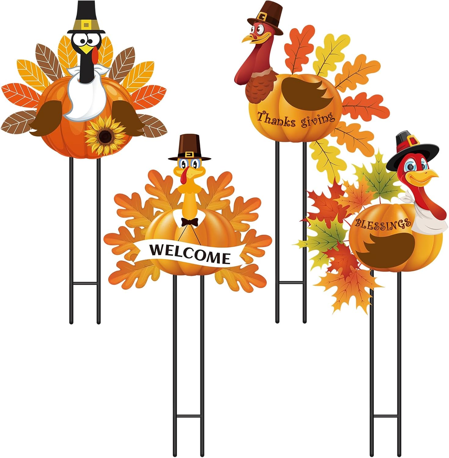 Yard Signs - Sosation 4 Set Metal Thanksgiving Turkey Yard Sign with Stakes Outdoor Turkey Fall Harvest Welcome Sign Happy Thanksgiving Autumn Turkey Pumpkin Yard Decor for Home Garden Lawn Pathway Patio