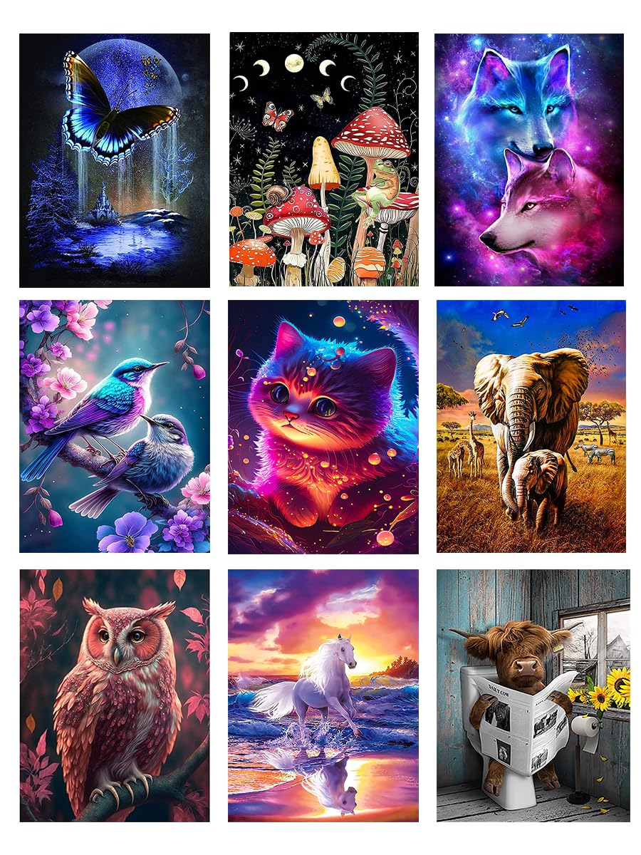 BEAYIOU 9 Pack 5D Diamond Painting Kits for Adults,Animal Diamond Painting Kits, Colourful Rhinestone Diamond Arts Kits for Beginners, Perfect Home Wall Decor Gifts (12x16 inch)