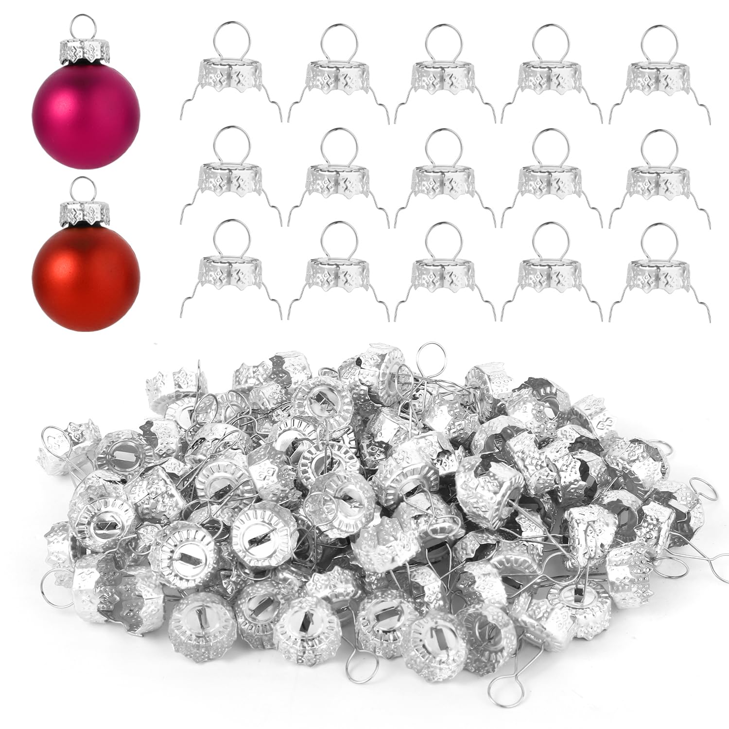 Photo 1 of 100pcs Round Christmas Ball Ornament Caps 0.47in, Ornament Tops Caps Xmas Hanger DIY Decorations Cap for Christmas Tree Ceramic Glass Porcelain Top Hanging Ornaments, Silver