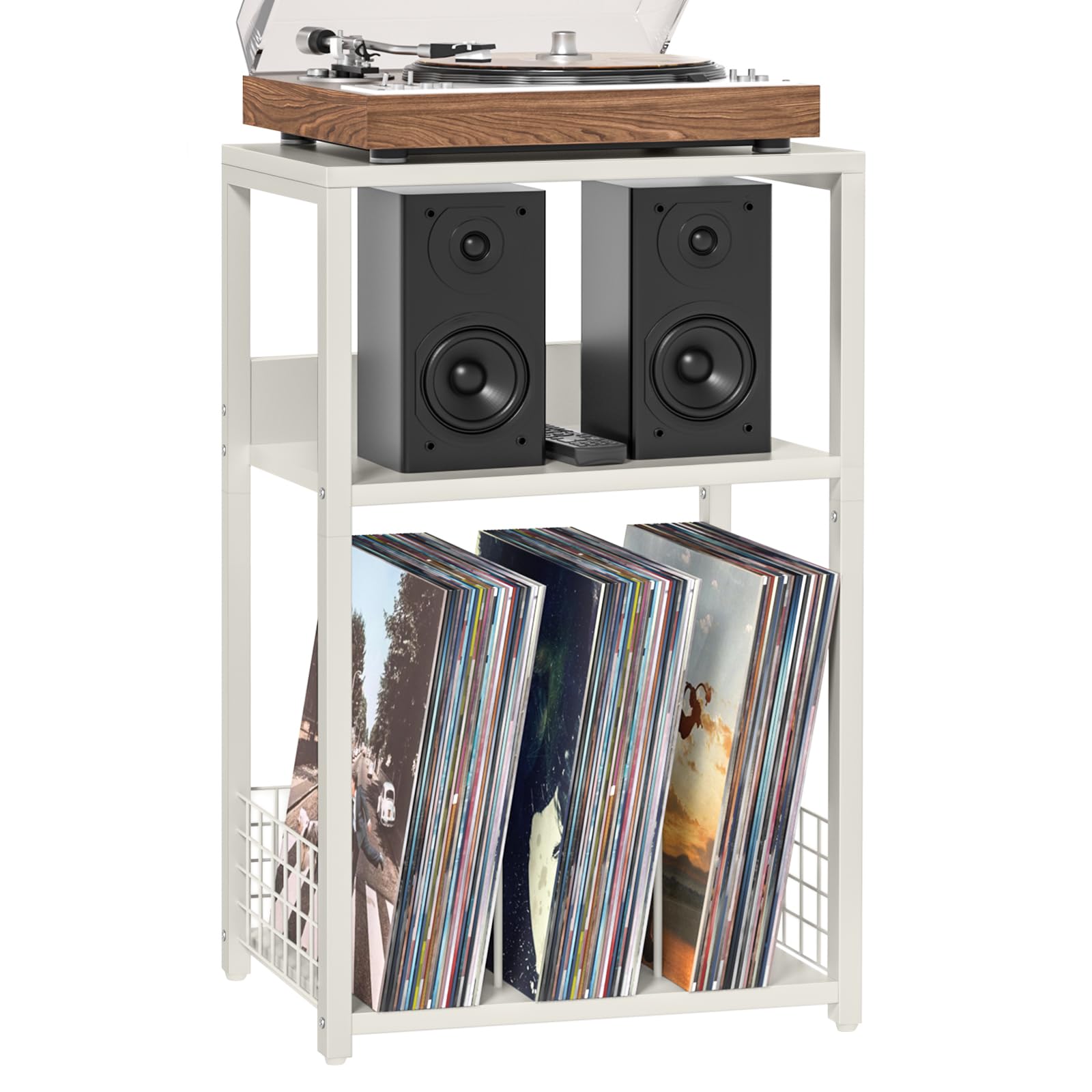LELELINKY Large White Record Player Stand, 3 Tier 18" Wide Big End Table with Vinyl Storage Up to 130 Albums, Industrial Turntable Printer Tables, Modern Side Tables for Living Room, Bedroom, Office Image