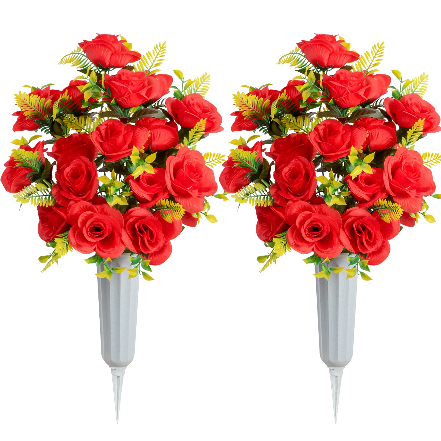 SIFOEL Set of 2 Artificial Grave Memorial Flowers Cemetery Flowers Rose Bouquet with Vase for Cemetery Graveyard Headstones Decoration (Red)