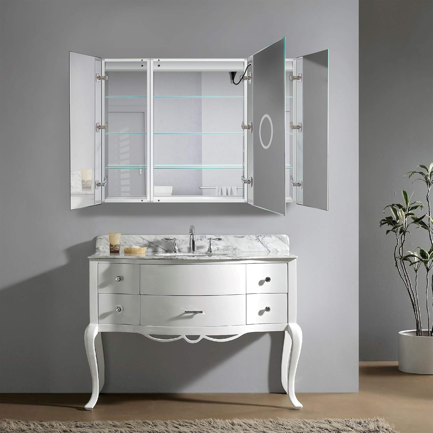 Amazon Com Krugg Led Tri View Medicine Cabinet 48 Inch X 36 Inch Recessed Surface Mount Mirror Cabinet W Dimmer Defogger 3x Makeup Mirror Inside Outlet Usb Left Right