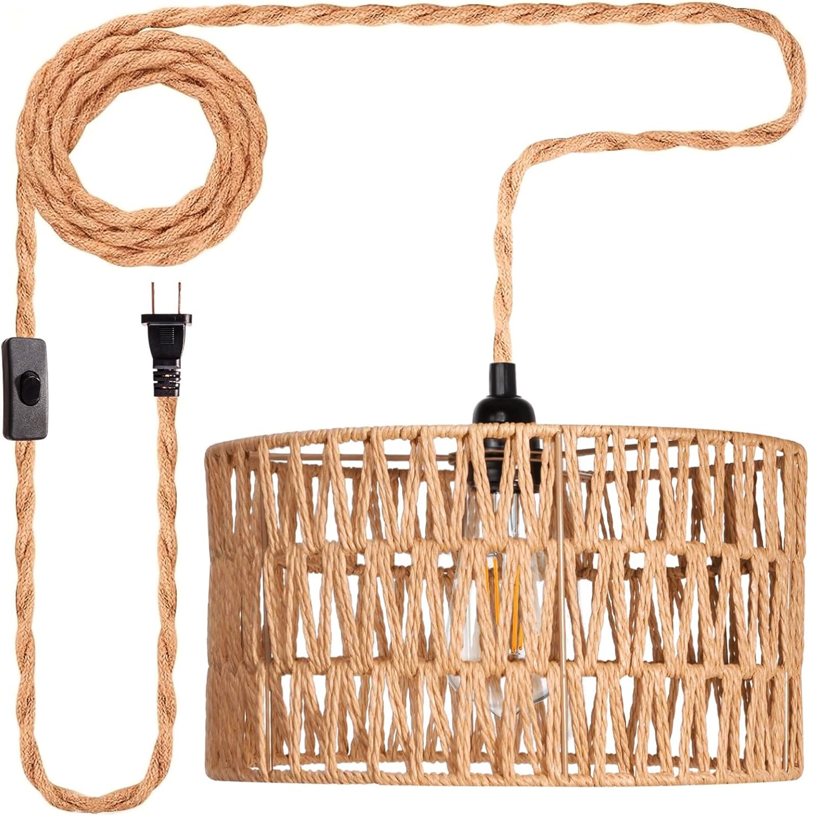 Photo 1 of Hanging Lamps Rattan Pendant Light Hanging Lights 16.4ft Plug in Cord Pendant Light Fixture Plug Into Wall Outlet Pendant Lighting with On Off Switch for Bedroom Living (Cylindrical Shade)
