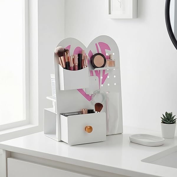 MAGNETIC PEGBOARD ORGANIZER FOR OFFICE DESK, MAKEUP VANITY, STATIONERY STORAGE, GAMING DESKTOP WITH 4 METAL ACCESSORIES DRAWER HOLDER HOOKS MODULAR – HOME DECOR TABLETOP DISPLAY KIDS ROOM – WHITE