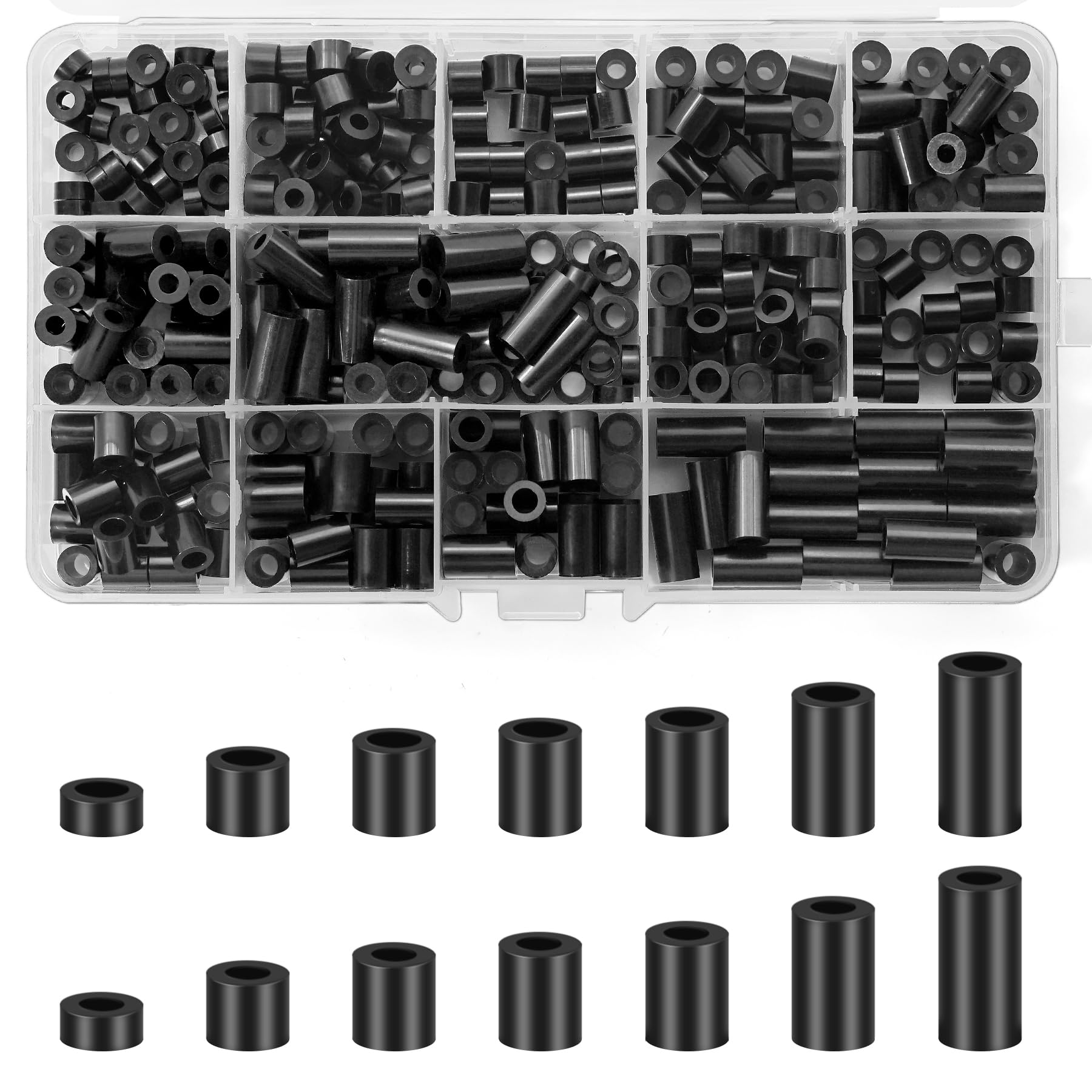 360pcs ABS Round Spacer Washer Assortment Kit, M3 M4 Nylon Non-Threaded Column Standoff Support, Insulation Column Standoff Spacer, Plastic Spacers with Storage Box, 14 Different Sizes Black