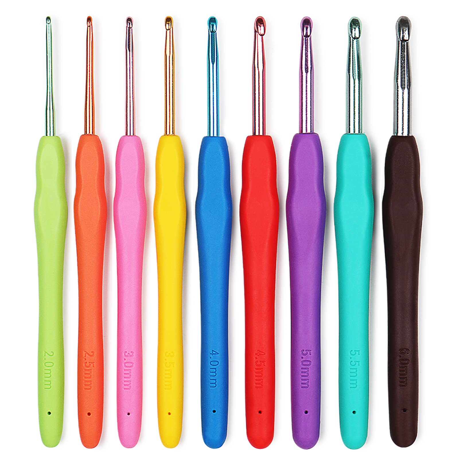 Aelike Ergonomic Crochet Hooks, Aluminium Soft Grip Rubber Handle, 9PCS 2-6mm Colourful Metal Crochet Hooks, Starter Set for Beginners Adults UK