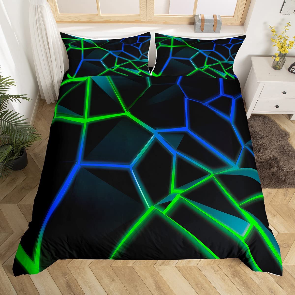 Geometric Honeycomb Bedding Set Green Blue Stereoscopic Hexagon Comforter Cover for Kids Boys Girls Beehive Hexagon Duvet Cover Geometric Bedspread Cover Room Decor Quilt Cover Single Boys โ image 1