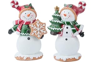 MinWadil 2 Pcs Snowman Figurines, Indoor Snowman Decorations, 6.3” Resin Christmas Figurines with Snowflake and Christmas Tree, Tabletop Statue for Xmas Decor Party Home Decorations