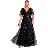 Ever-Pretty Women's Sequin V Neck Plus Size Formal Dresses Evening Gown | Short Sleeve, A-Line, Empire Waist, Plus Size Mother of the Bride Dresses, Plus Size Gala Dress