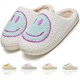 KNUAKA Cute House Slippers for Women Men with Memory Foam Retro Happy Face Cozy Indoor Outdoor Fuzzy Plush Shoes