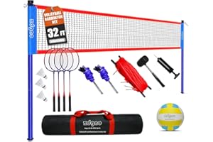 ZDGAO Badminton & Volleyball Combo Set- 32FT Adjustable Professional Volleyball Net for Lawn, Backyard, Easy Set up Volley ball Set with Volley ball,Badminton Racquets,Carry Bag,Boundary Line for Family Fun
