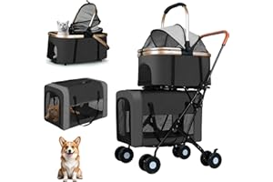 ENVTEK Double Pet Stroller for Dogs and Cats: Dog Stroller Foldable Travel Carriage with Detachable Carriers, Safety Belts, and 4 Lockable Wheels for Small to Medium Pets – Ideal for Multi-Pet Homes (Black)