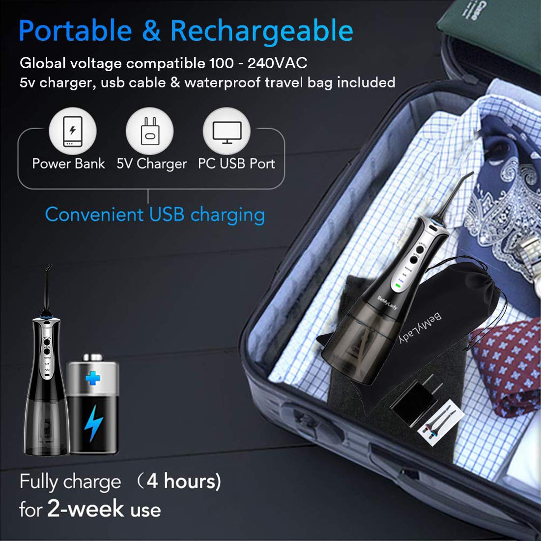 Cordless Water Flosser Pick Teeth Cleaner, BeMyLady 320ML Portable Water Flosser Pik Oral Irrigator for Travel, Home IPX7 Waterproof Water Dental Flosser with 4 Jet Tips for Braces and Teeth Whitening