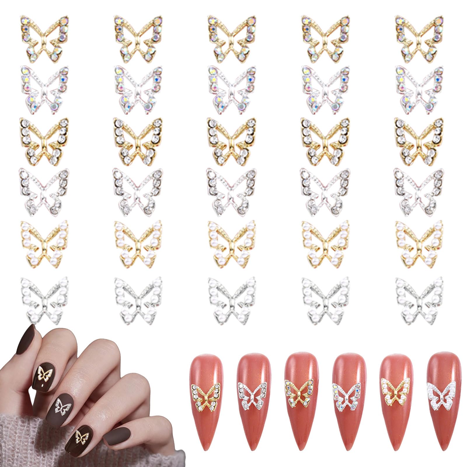 3D Butterfly Nail Charms,30PCS Pearl Rhinestone Butterfly Metal Nail Gems,Gold Silver Nail Art Charms Luxury Butterfly Nail Art Decorations for Nail Design DIY Crafts (Gold Silver 30PCS)