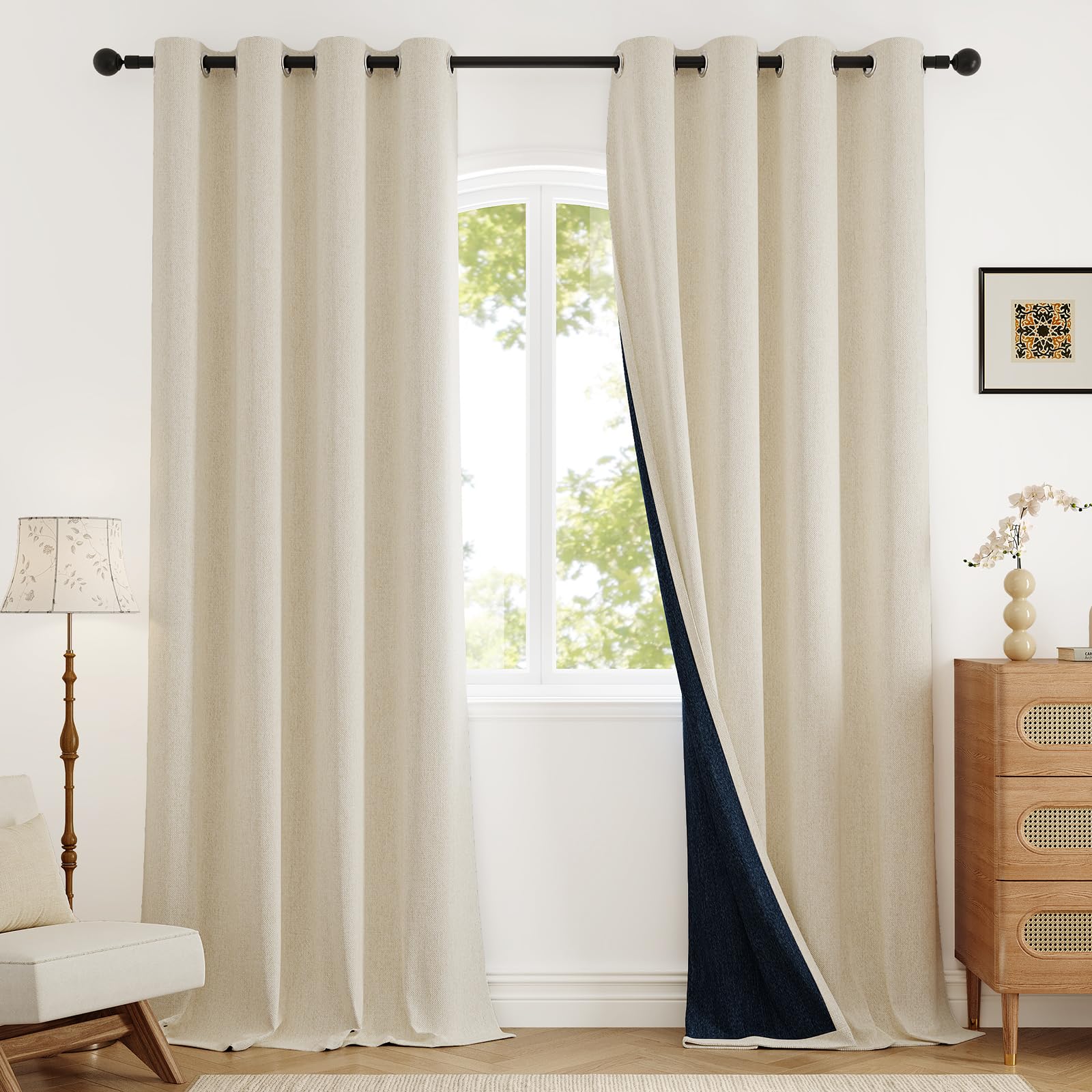 Rinwoc Blackout Curtains 84 Inch Length 2 Panels Set for Living Room, Grommet Linen-Look Textured Light Blocking Room Darkening Energy Saving Thermal Insulated Drapes for Bedroom (W52xL84, Cream)