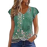 Disamer Womens Summer Tops Ruffle Short Sleeve T Shirts Spring 2026 V Neck Pleated Dressy Casual Floral Blouses Tunic