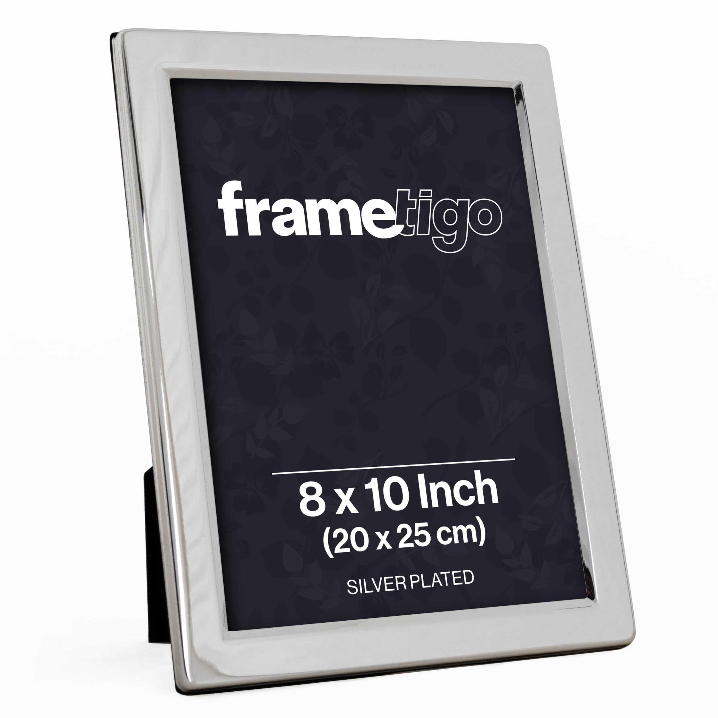 Frametigo - Silver Plated Flat Edge Photo Frame, 8"x10" (20x25cm) Photo Size - Velvet Frame Backing & Stand - Real Glass Window - Tarnish-Resistant - Landscape or Portrait Orientation