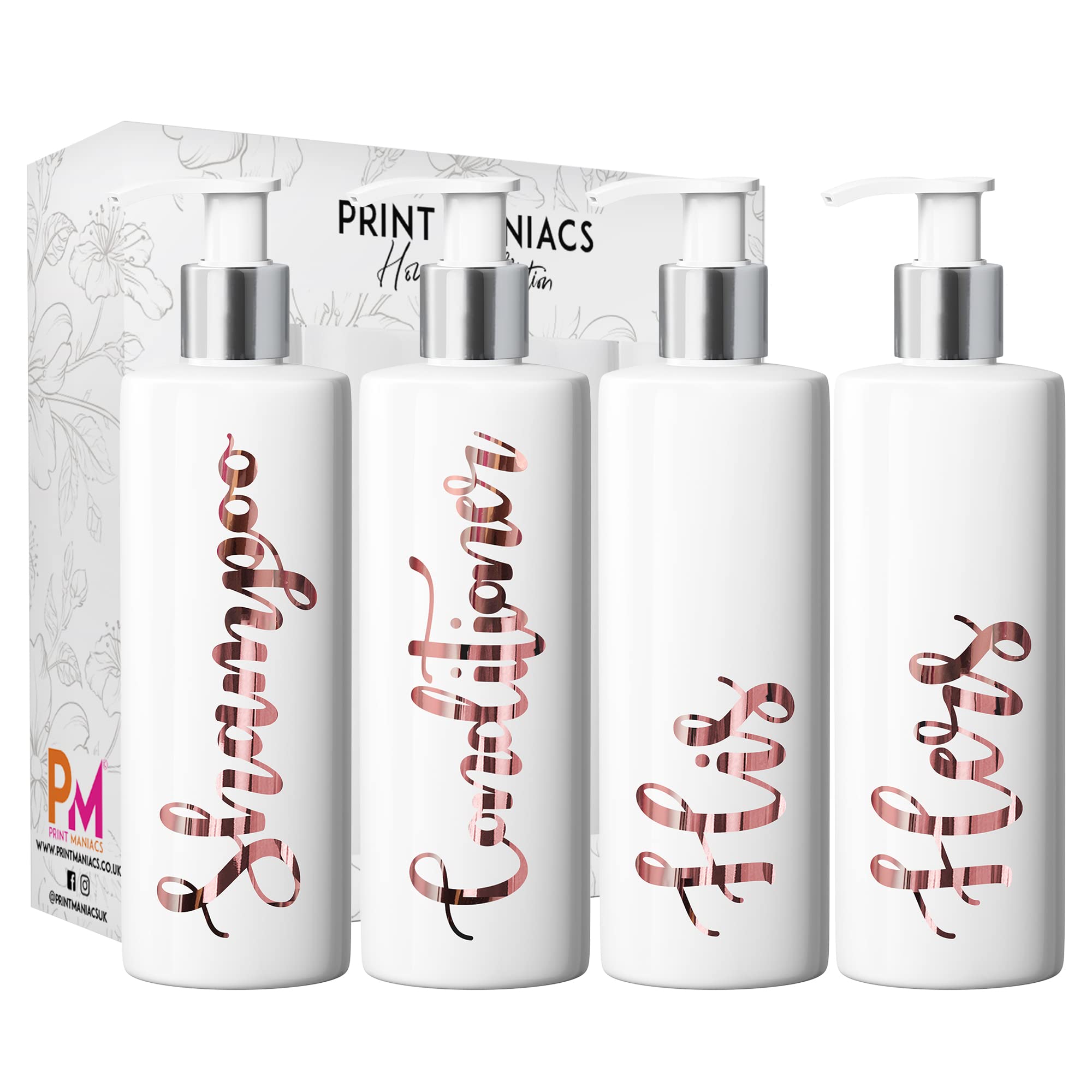 Print Maniacs White Mrs Hinch Inspired Personalised 500ml Pump Bottles Bathroom Lotion Kitchen Set Shampoo Conditioner (Set 4 His Her ) (Rose Gold)