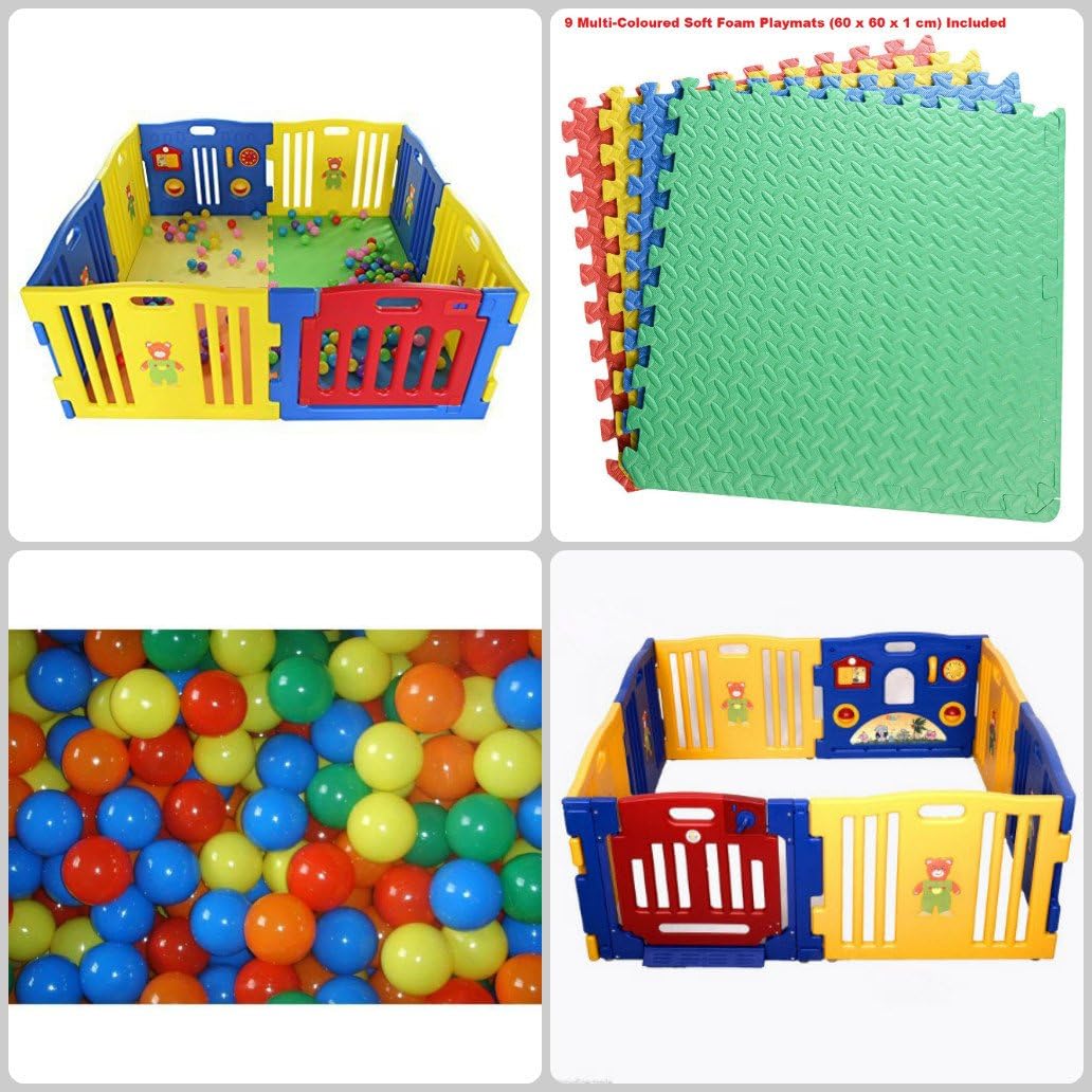 Plastic Baby Playpen - 8 Plastic Panels Including Fun Activity Learning Centre - 9 Interlocking Floor Mats and 100 Bright Coloured Play Balls - Safe, Strong and Durable