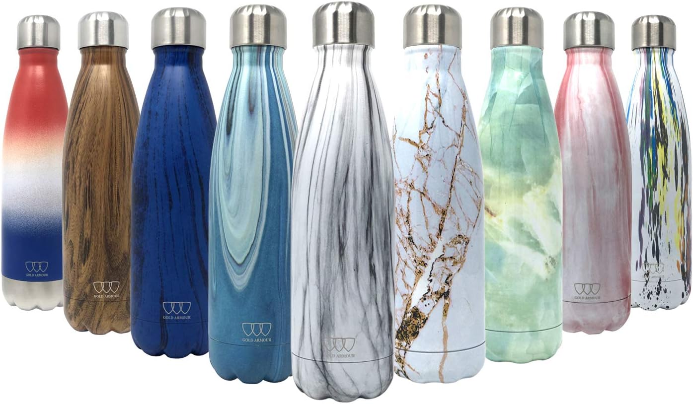 Gold Armour Stainless Steel Vacuum Insulated Water Bottle, Leak Proof Double Walled Cola Shape Bottle, Keeps Drinks Cold for 24 Hours and Hot for 10 Hours (Pattern: Carrara Marble, 17oz)
