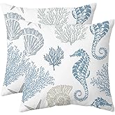 weesire Nautical Coastal Throw Pillow Covers Set of 2 Beach Themed Ocean Coral Seahorse Decorative Pillow Cases Outdoor Sofa Cushion Cover for Bedroom Living Room, 18x18, Blue