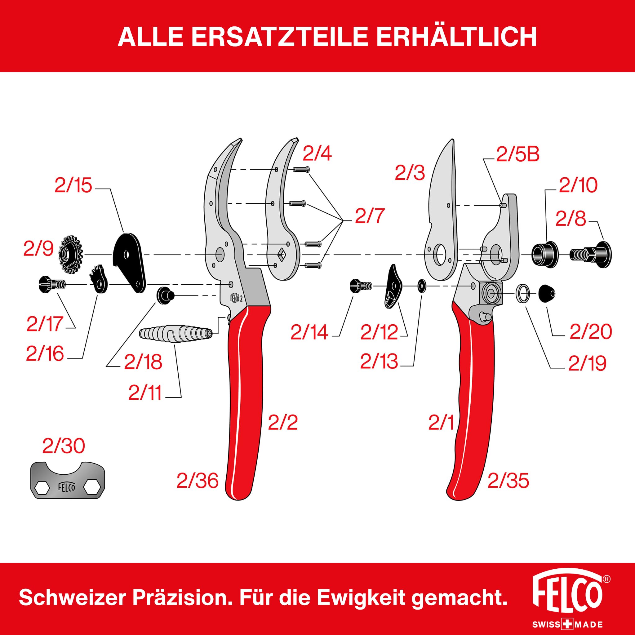 FELCO 2 professionelle Bypass-Gartenschere für Rechtshänder, 41 mm gehärtete Stahlklinge, geschmiedete Aluminiumgriffe, robustes Werkzeug für mittelgroße bis große Hände, 25 mm Schnitt, Swiss Made 8