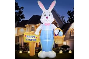 DeeKom 8 FT Giant Easter Inflatable Bunny Outdoor Decorations, with Colorful Eggs Basket, Build-in LEDs Happy Easter Blow Up Yard Decorations for Easter Party, Outdoor, Garden, Yard Lawn Décor
