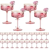 HKSZEH 24 PCS Ribbed Coupe Glasses Pink Plastic Champagne Coupe Cup 10oz Detachable Gold Rim Espresso Martini Glass Vintage Margarita Glassware Cocktail Glass for Wedding Bachelorette Party