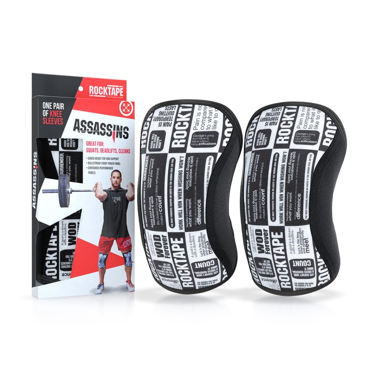 RockTape Assassins Knee Sleeves, Workout Knee Support, Neoprene Durability and Comfort, Black/White Manifesto, XL, Pack of 2