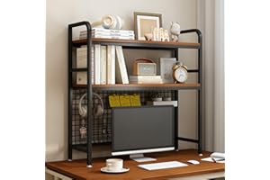 IOTXY 2-Tier Desktop Hutch Bookshelf - Metal Desk Shelf Bookcase with Grid Panel, Countertop Storage Organizer Rack for Dorm or Office, Black, 37.4" W