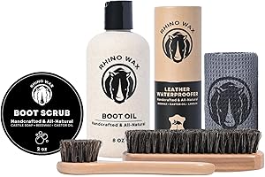 RHINO WAX Leather Boot Care Kit - Made in USA (Not China) - Boot Oil, Waterproofer, Cleaning Scrub for Boots (Like Saddle Soap), Brushes and Cloth - Do NOT use Mink Oil (Love animals) - All Natural Ingredients