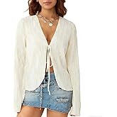Women Bell Long Sleeve Cardigan Top Shiny Sexy Tie Front Sheer Blouse Going Out Oversized Tops Y2k Streetwear