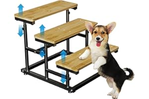 CIDAZIYA Adjustable 3-Tier Bamboo Pet Dog Stairs for Small Medium Dog Cat to go on High Bed & Couch, Non-Slip Bamboo Dog Steps for Sofa, Chair, Car SUV, Deformable Height Steps Puppy Stairs, Loaded Up to 60Lbs