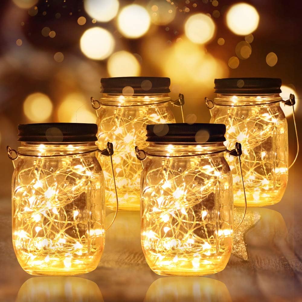 4 Stück Solarlampen Außen | 40er LED Solar Licht Einmachglas für Garten | Solarglas Lichterkette Leuchten Garten Laternen Solarleuchten Wasserdichte Hängeleuchten Gartendeko für Party, Hochzeit, Baum