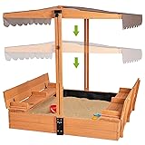 Kids Wooden Outdoor Sandbox w/Canopy, 2 Foldable