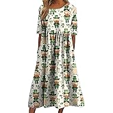 domirica Green Floral Dress for St Patricks Day Shamrock Print Crewneck Short Sleeve Casual High Waist Maxi Dress for Women