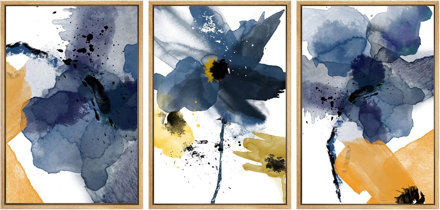 Wall Décor - SIGNWIN Framed Canvas Wall Art Blue and Orange Blossoms Botanical Flower Watercolor Modern Art Tropical Relax/Calm for Living Room, Bedroom, Office - 24