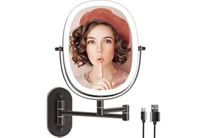 FUNTOUCH 9" Wall Mounted Lighted Makeup Mirror, Rechargeable Double Sided 1X/10X Magnifying Mirror with Light,3 Color Lights,Touch Dimmable,Extended Arm 360 Rotation Oval Wall Mounted Makeup Mirror