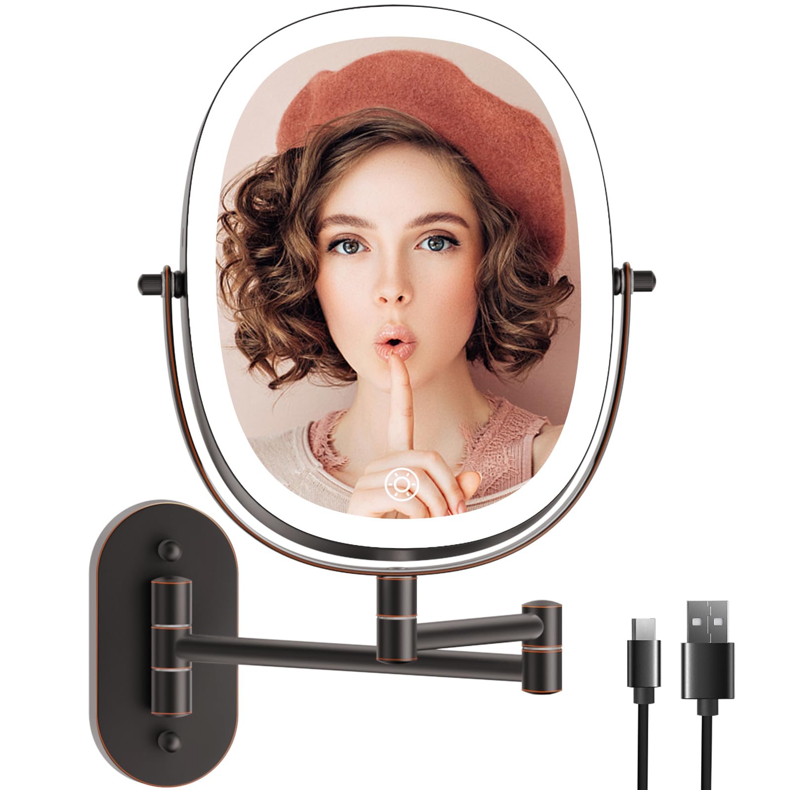 Photo 1 of Funtouch 9" Wall Mounted Lighted Makeup Mirror, Rechargeable Double Sided 1X/7X Magnifying Mirrors with Light, 3 Color Lights, Touch Dimmable, Extended Arm 360 Rotation Oval Shaving Light up Mirror