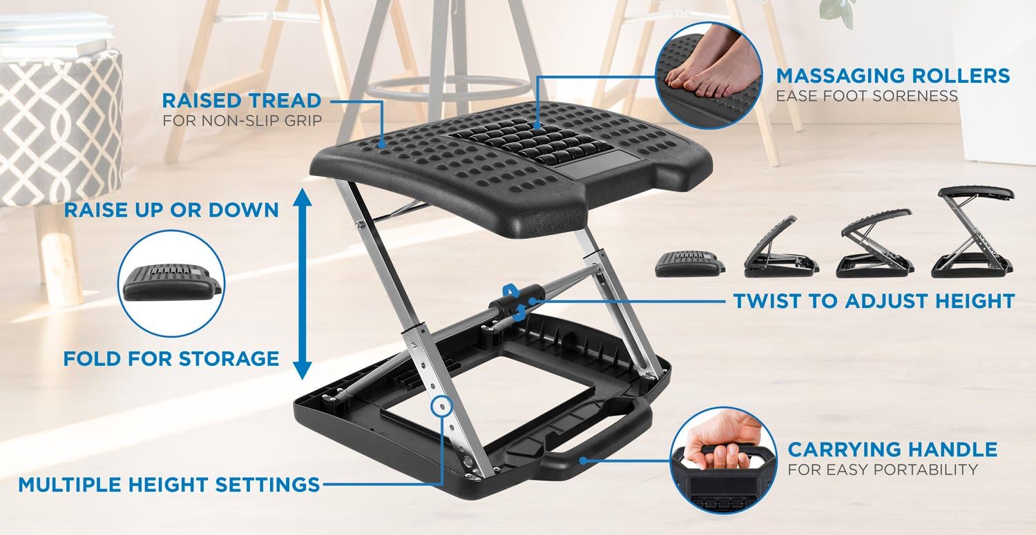 Mount-It! Adjustable Footrest with Massaging Bead | Adjustable Height and Tilt Office Foot Rest Stool for Under Desk Support | 5 Height Settings, 3 Tilt Settings | Black : Office Products