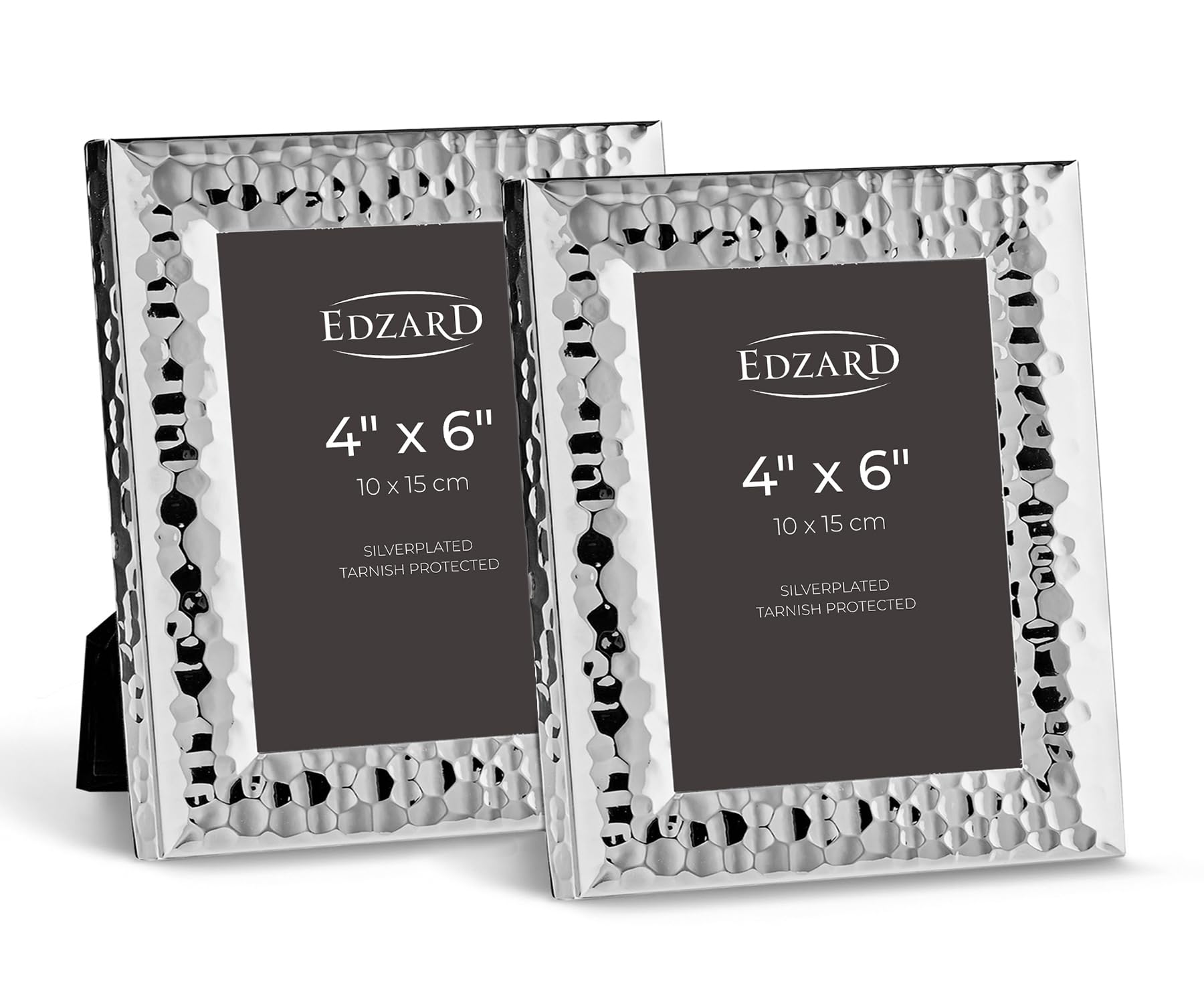 Edzard Set of 2 Silver Plated Photo Frames 4"x6" (10x15 cm) Gubbio, Non-Tarnishing, High Gloss Finish, Real Glass Front & Premium Velvet Back, Portrait or Landscape Display - Elegant Wedding Gift