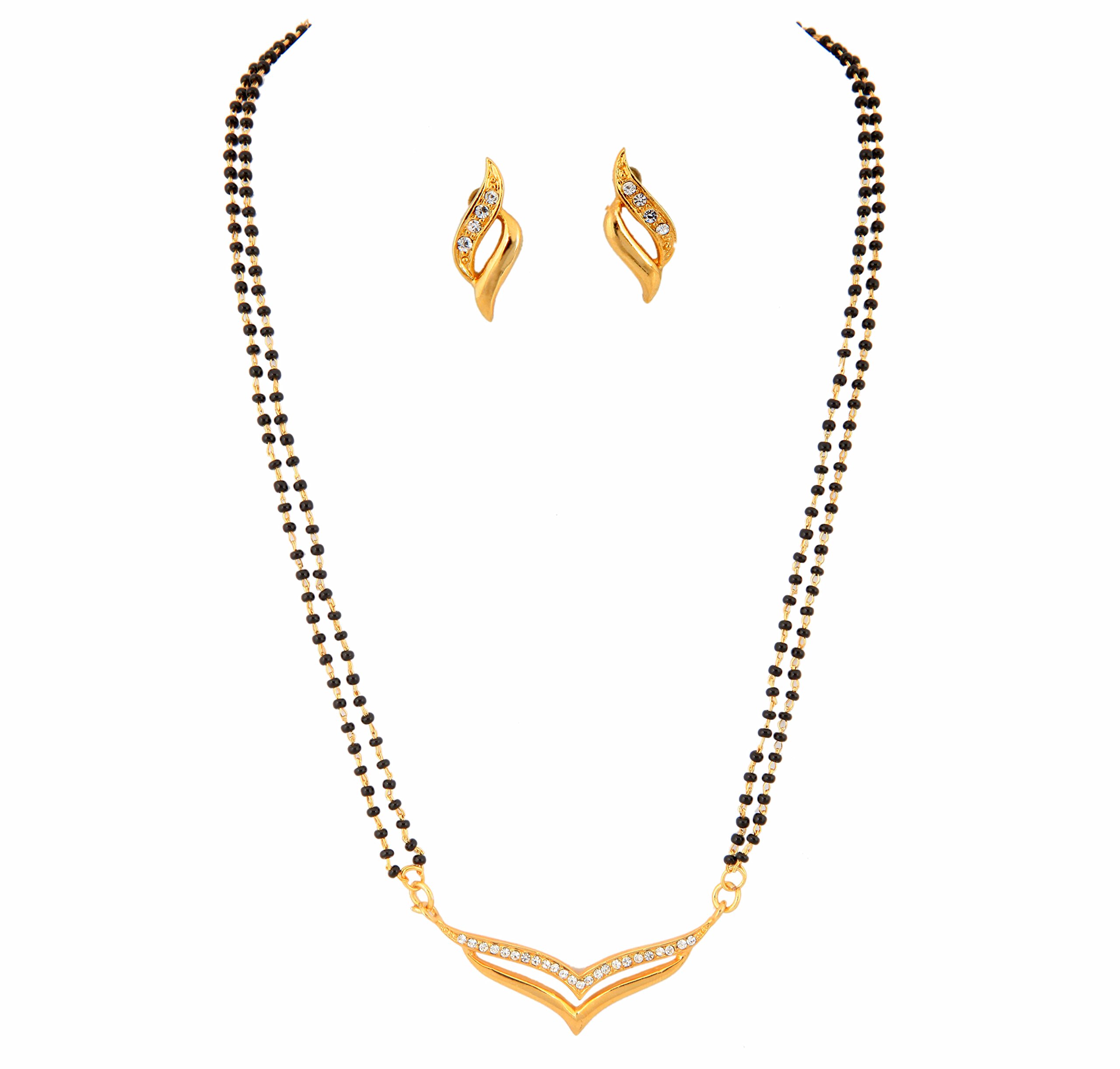 Touchstone Gold Tone Indian Bollywood White Rhinestones Black Beads Ethnic mangalsutra Necklace Set Jewelry for Women