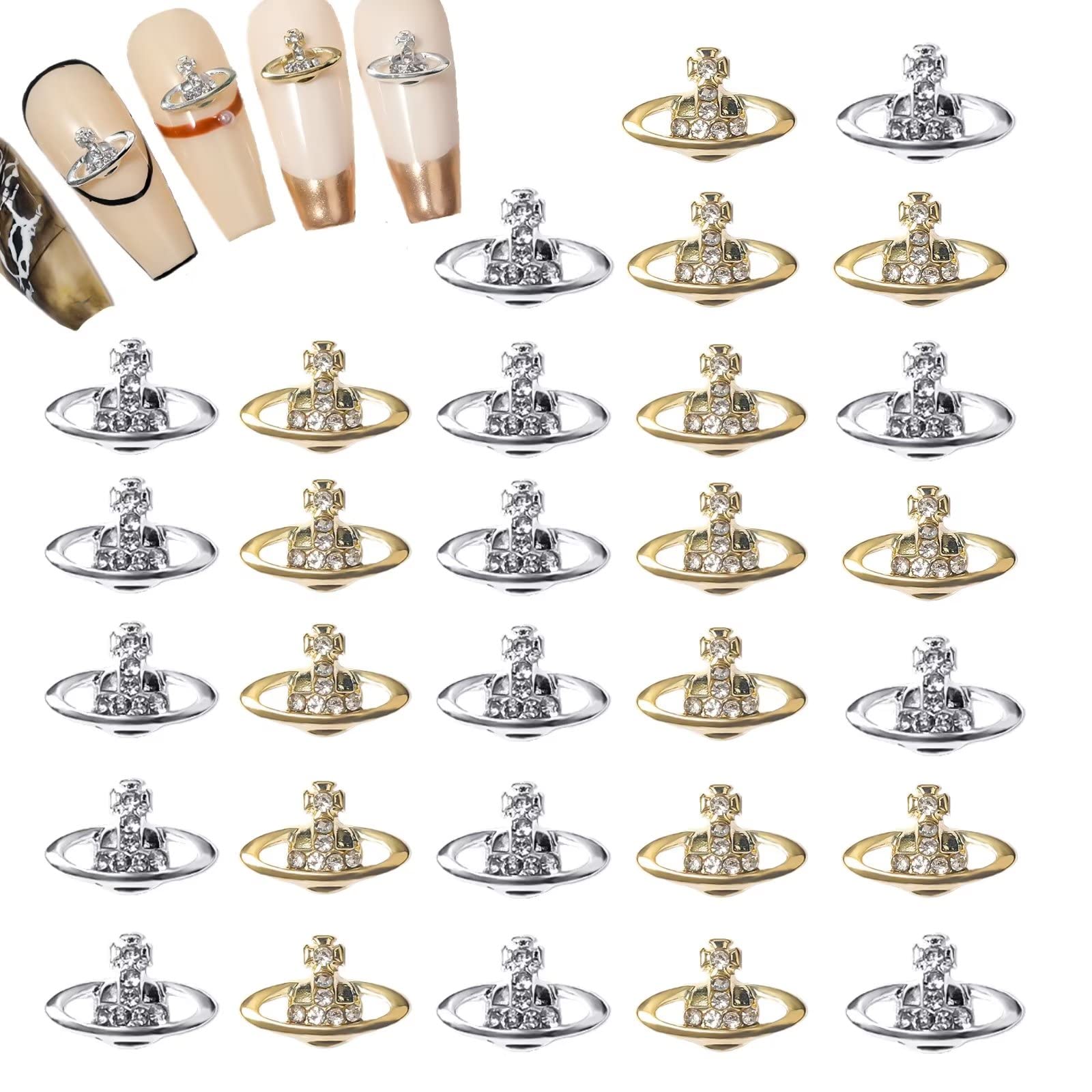 RUNRAYAY 30Pcs Planet Nail Art Charms, Gold & Silver 3D Elegant Nail Studs Diamonds for Nail Accessories, Star Nail Jewelry Decoration for DIY Crafts Nail Decor