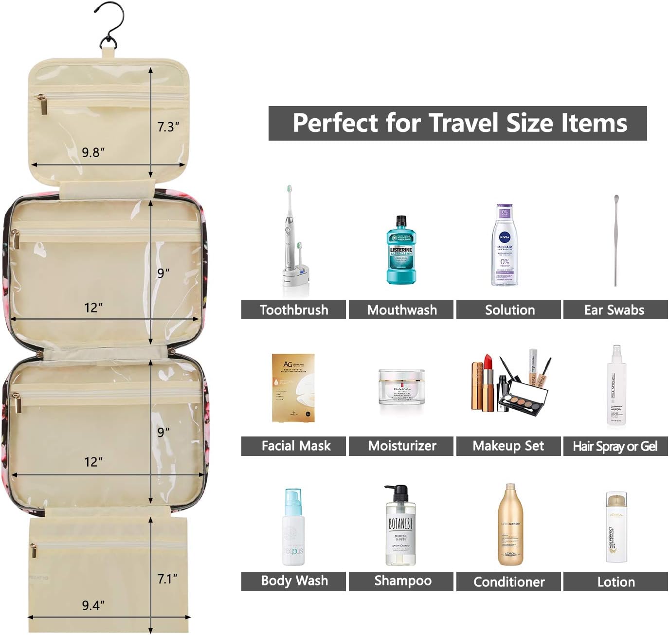 Toiletry Travel Bag with Hanging Hook, Portable Folding Cosmetics Bag for Brushes Set, Full-Sized Shampoo, Conditioner, Accessories, Floral, 12" x 9" x 4"…