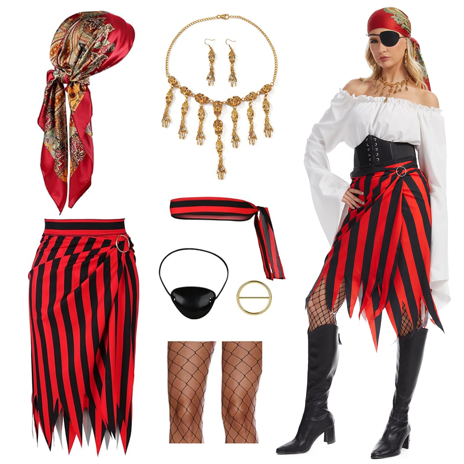 MVFEUIJ Women's Pirate Costume Accessory Set, Ladies Pirate Fancy Dress Accessories with Skirt, Headscarf, Eye Patch, Necklace, Earrings for Carnival, Halloween, Cosplay (S)